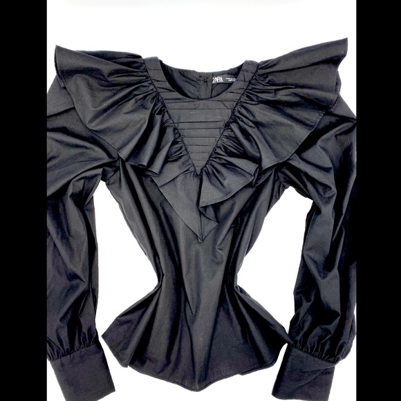 Zara Tops - ZARA - Long Sleeve Ruffle Top Black Sz XS